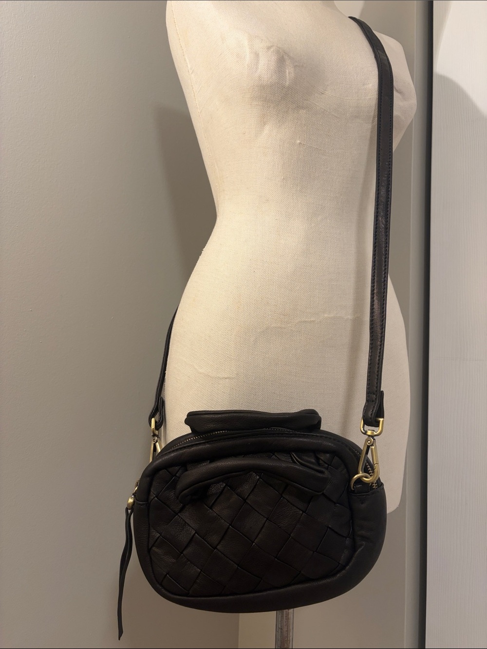 HOBO Black Woven Leather Top Handle Convertible Crossbody Bag Mini Satchel